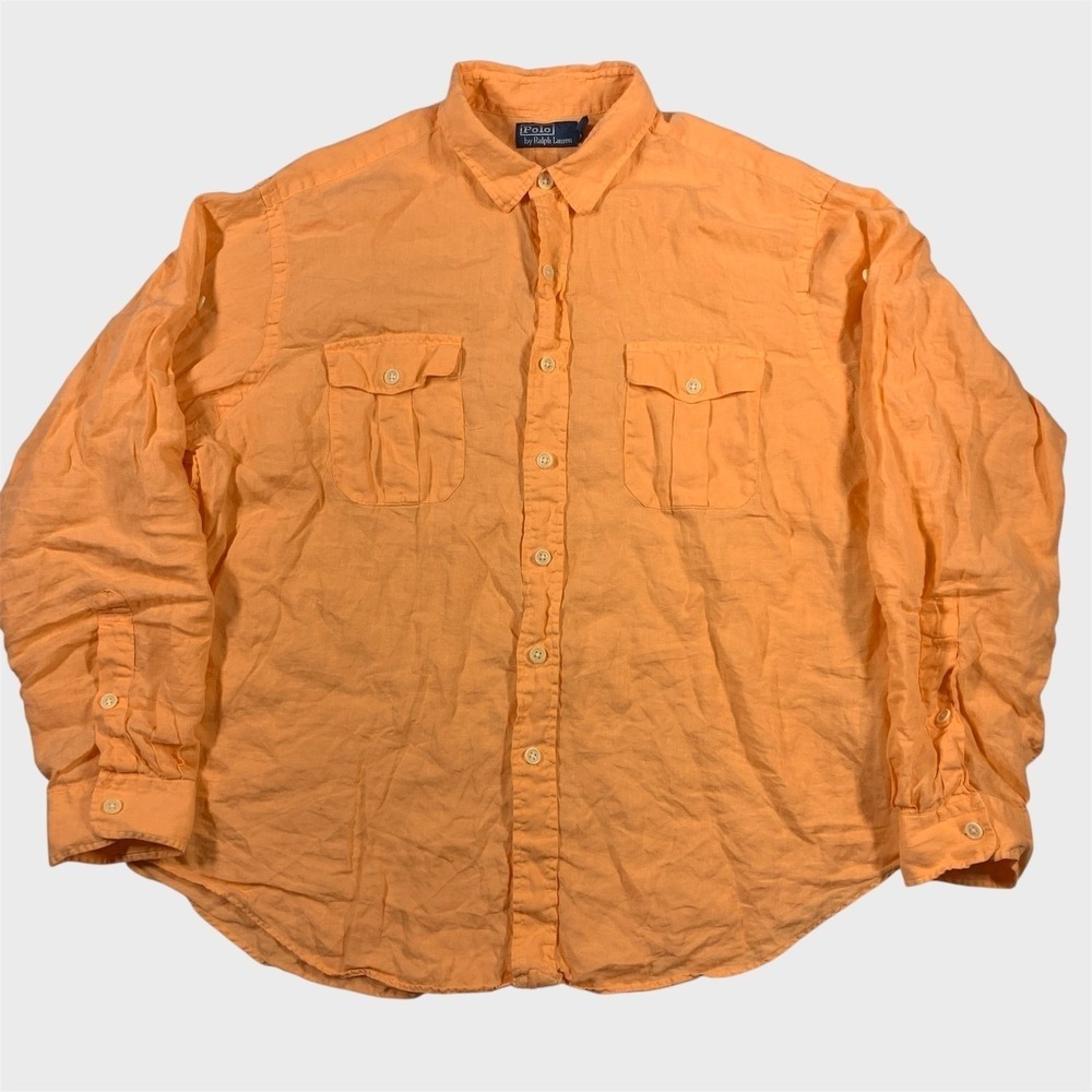 Polo Ralph Lauren Shirt Mens XXL Orange 100% Linen Button Up Long Sleeve Pockets - Picture 2 of 10